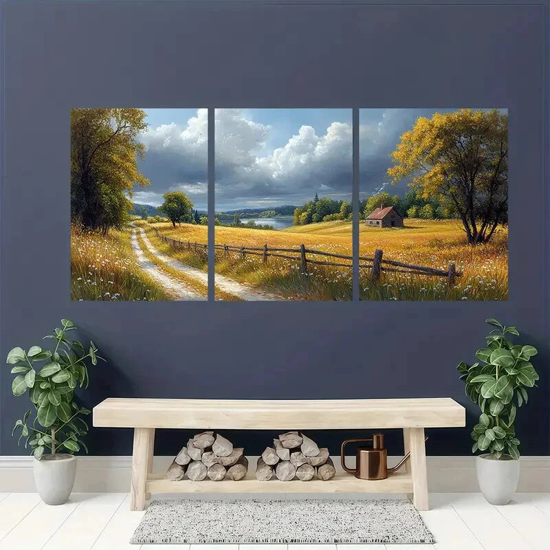 3pcs Serene Pathways Daisies and Tranquil Houses Metal Print Ready to Hang Art - Bella Home Decor