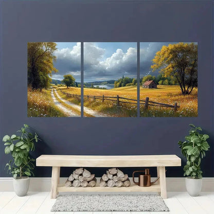 3pcs Serene Pathways Daisies and Tranquil Houses Metal Print Ready to Hang Art - Bella Home Decor