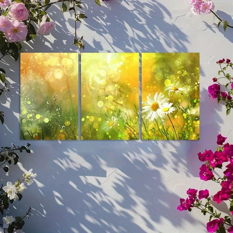 3pcs Meadow of White Daisies with Soft Blur Metal Print Ready to Hang Art