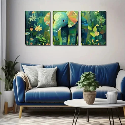 3pcs Elephant Walking in Rainforest Tropical Wall Art Canvas Unframed - High Quality Print 100% Australian Made Wall Canvas