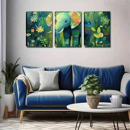 3pcs Elephant Walking in Rainforest Tropical Wall Art Canvas Unframed - High Quality Print 100% Australian Made Wall Canvas