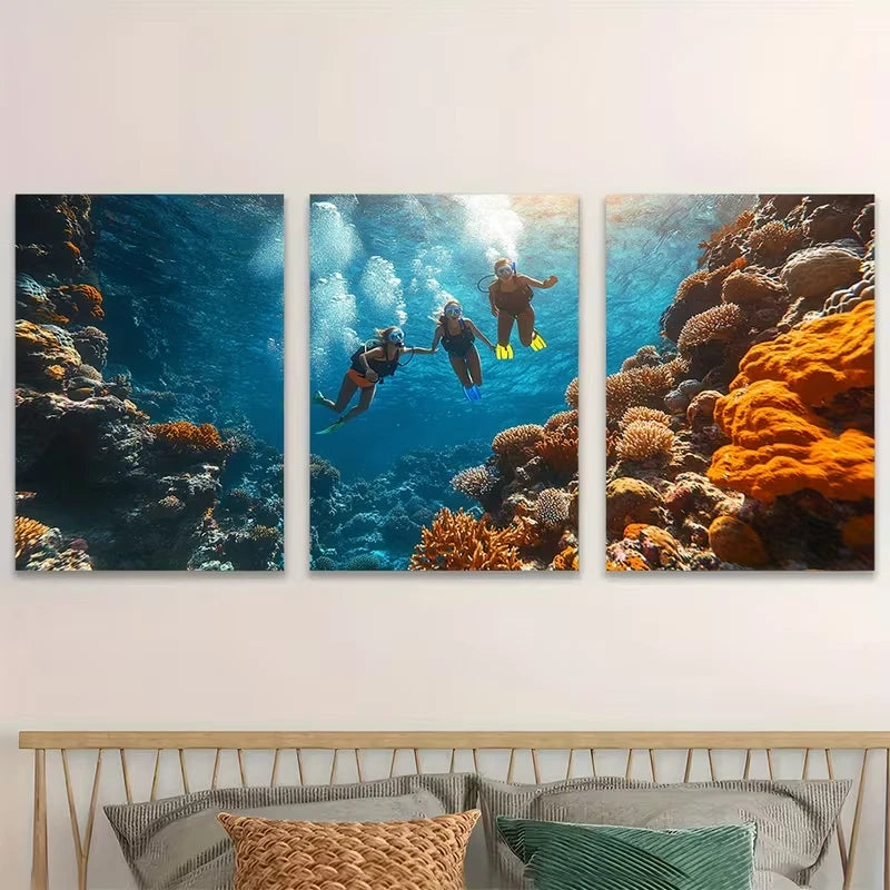 3pcs Colorful Coral Reef Scene with Diver Metal Print Ready to Hang Art