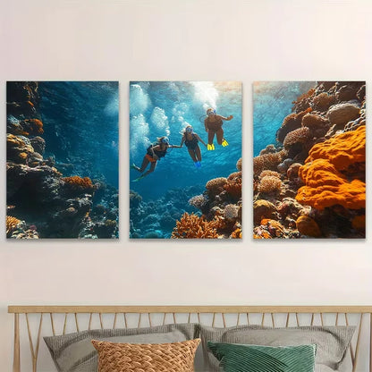 3pcs Colorful Coral Reef Scene with Diver Metal Print Ready to Hang Art
