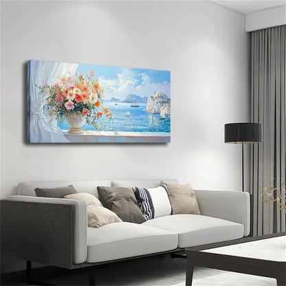 Serene Floral Coastal Scene Wall Art Canvas Office Home Room Framed 120x60cm