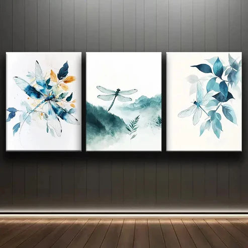 3pcs Colorful Watercolor Dragonfly White Perfect Wall Art Set Canvas Unframed - High Quality Print 100% Australian Made Wall Canvas - Bella Home Decor