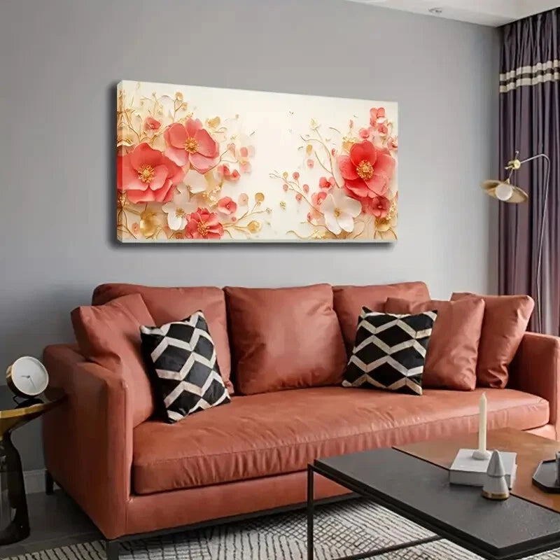 White Floral With Golden Leaf Wall Art Canvas Office Home Room Framed 120x60cm - Bella Home Decor