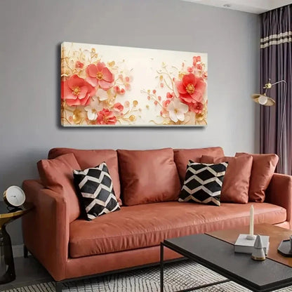 White Floral With Golden Leaf Wall Art Canvas Office Home Room Framed 120x60cm - Bella Home Decor