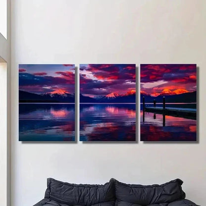 3pcs Lake and Snow Capped Mountains at Sunset Wall Art Set Canvas Unframed - High Quality Print 100% Australian Made Wall Canvas