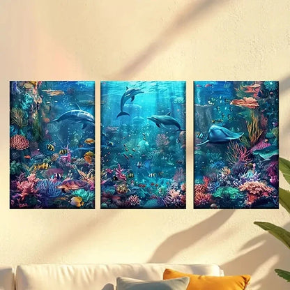 3pcs Aquarium Scene Dolphins & Colorful Fish Wall Art Set Canvas Framed 60x90cm - High Quality Print 100% Australian Made Wall Canvas Ready to Hang - Bella Home Decor