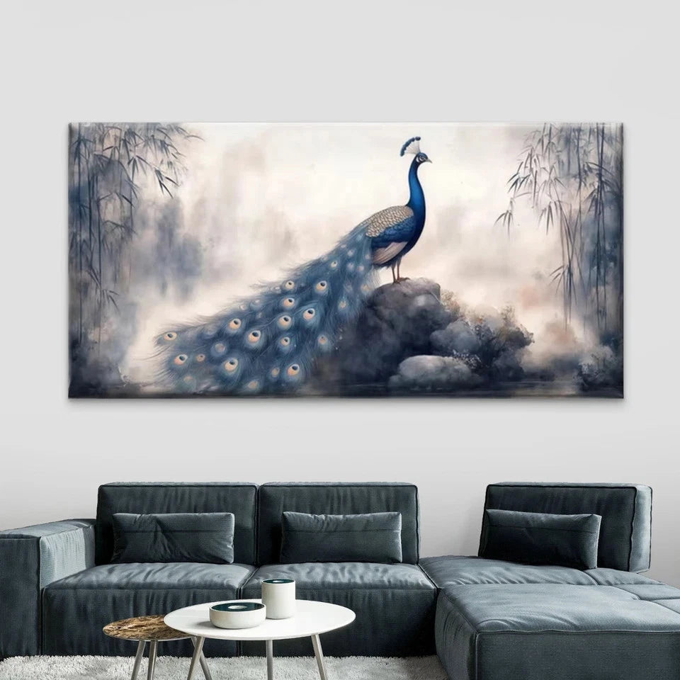 Elegant Blue Peacock Wall Art Canvas Office Home Room Framed 120x60cm