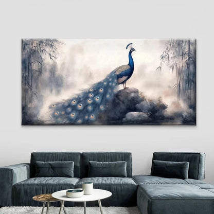 Elegant Blue Peacock Wall Art Canvas Office Home Room Framed 120x60cm