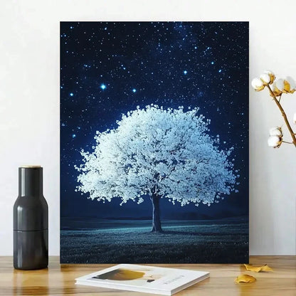 Starry Night Sky White Tree Night Blue 40x60cm Metal Print Ready to Hang