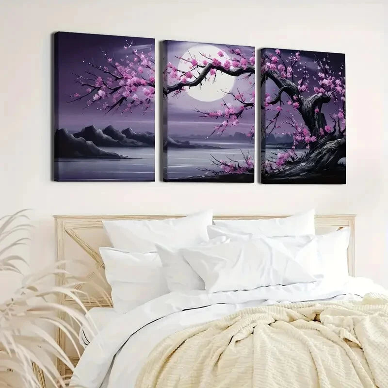 3pcs Moonlit Trees And Plum Blossoms Perfect Wall Art Set Canvas Framed 40x60cm - High Quality Print 100% Australian Made Wall Canvas Ready to Hang - Bella Home Decor