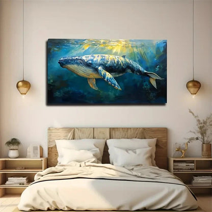Vibrant Blue Whale Colorful Wall Art Canvas Office Home Room Framed 120x60cm