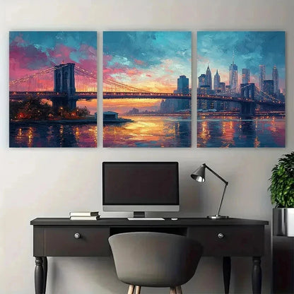 3pcs New York City Abstract River Bridge Perfect Wall Art Set Canvas Framed 50x70cm - High Quality Print 100% Australian Made Wall Canvas Ready to Hang