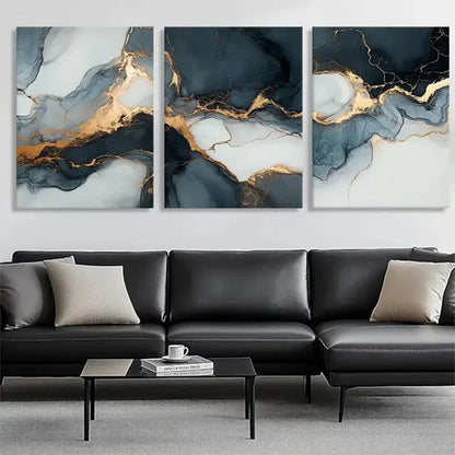 3pcs Elegant Marble Dark Blue and Golden Perfect Wall Art Set Canvas Unframed - High Quality Print 100% Australian Made Wall Canvas