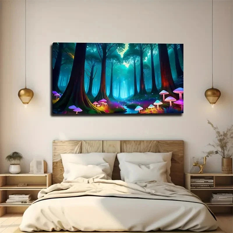 Enchanted Forest Mushroom Wall Art Canvas Office Home Room Framed 120x60cm