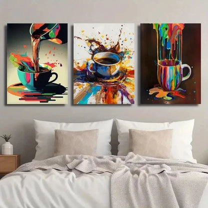 3pcs Vibrant Coffee Splatter Colorful Perfect Wall Art Set Canvas Framed 60x90cm - High Quality Print 100% Australian Made Wall Canvas Ready to Hang - Bella Home Decor