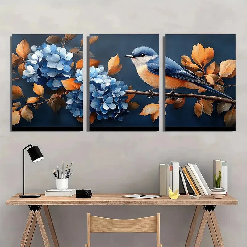 3pcs Blue Hydrangea and Bird Vibrant Floral Metal Print Ready to Hang Art - Bella Home Decor