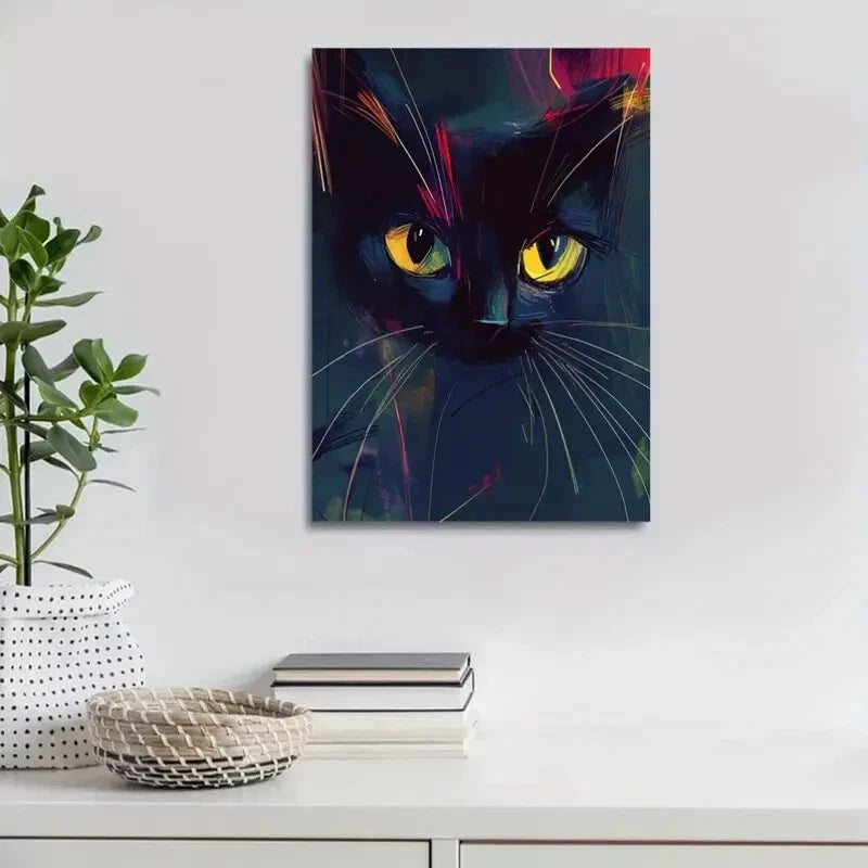 Contemporary Abstract Black Cat Painting 40x60cm Metal Print Ready to Hang