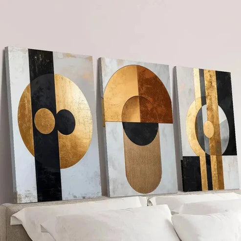 3pcs Golden Black Geometric Marble Texture Wall Art Canvas Unframed - High Quality Print 100% Australian Made Wall Canvas - Bella Home Decor