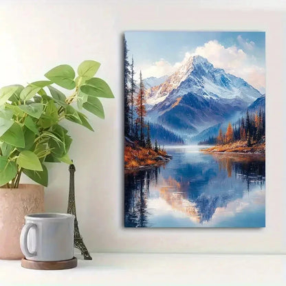 Beautiful Serene Snow Covered Mountains Painting 40x60cm Metal Print Ready to Hang - Bella Home Decor