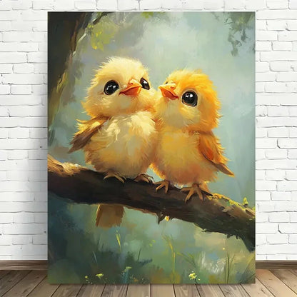 Beautiful Charming Yellow Chickens on Branch Painting 40x60cm Metal Print Ready to Hang - Bella Home Decor
