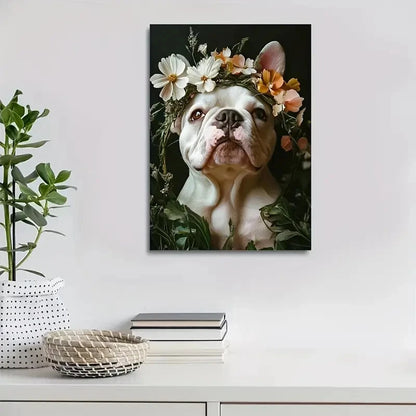 Adorable Bulldog with Floral Crown Painting 40x60cm Metal Print Ready to Hang