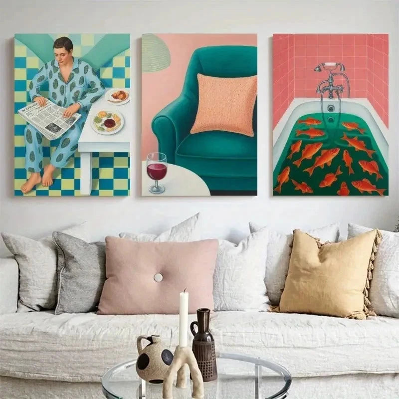 3pcs Cartoon Illustrations of Man  Wall Art Set Canvas Framed 50x70cm - High Quality Print 100% Australian Made Wall Canvas Ready to Hang - Bella Home Decor