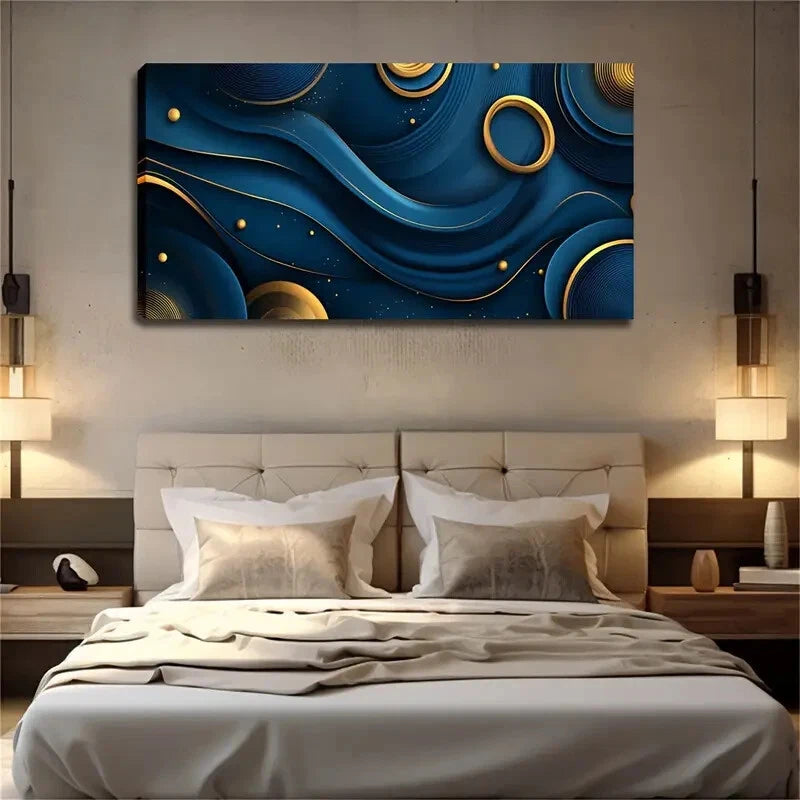 Dark Blue Golden Lines Elements Wall Art Canvas Office Home Room Framed 120x60cm - Bella Home Decor