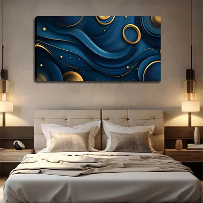 Dark Blue Golden Lines Elements Wall Art Canvas Office Home Room Framed 120x60cm - Bella Home Decor