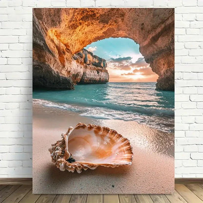 Beautiful Beach Shell Sunset Cave Modern Painting 40x60cm Metal Print Ready to Hang - Bella Home Decor