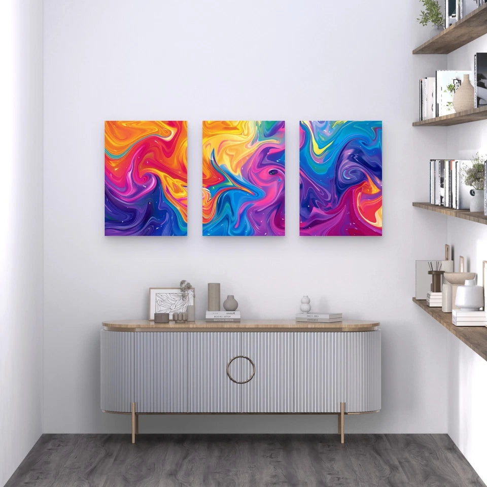3pcs Psychedelic Swirl Rainbow Colors Metal Print Ready to Hang Art