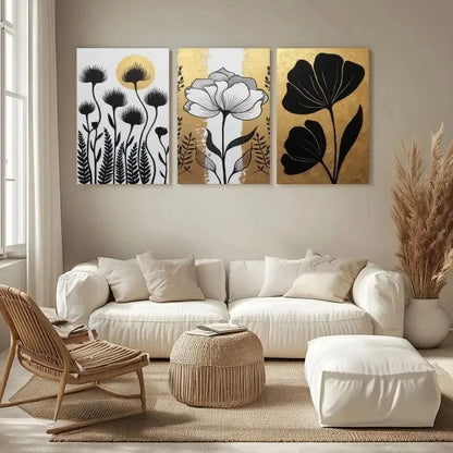 3pcs Black, Golden & White Dandelion  Wall Art Set Canvas Framed 50x70cm - High Quality Print 100% Australian Made Wall Canvas Ready to Hang - Bella Home Decor