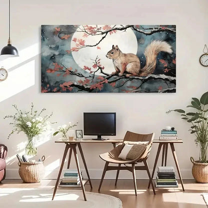 Vintage-Inspired Squirrel Moon Wall Art Canvas Office Home Room Framed 120x60cm