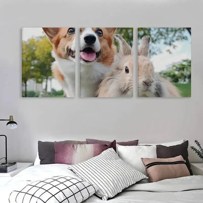 3pcs Adorable Corgi & Rabbit Smiling Design   Wall Art Set Canvas Framed 40x60cm - High Quality Print 100% Australian Made Wall Canvas Ready to Hang - Bella Home Decor
