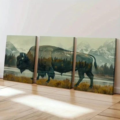 3pcs Buffalo Silhouette with Forest Landscape Wall Art Set Canvas Framed 50x70cm - High Quality Print 100% Australian Made Wall Canvas Ready to Hang - Bella Home Decor