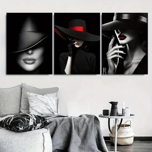 3pcs Chic Lady in Black Fedora Wall Art Set Canvas Unframed – High Quality Print 100% Australian Made Wall Canvas - Bella Home Decor