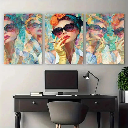 3pcs Retro Fashion Glasses & Floral Hair Perfect Wall Art Set Canvas Framed 50x70cm - High Quality Print 100% Australian Made Wall Canvas Ready to Hang