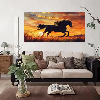 Galloping Black Horse Sunset Wall Art Canvas Office Home Room Framed 120x60cm