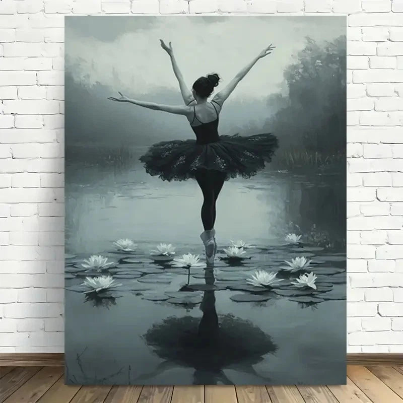Ballerina On Water with Lotus Flowers Painting 40x60cm Metal Print Ready to Hang - Bella Home Decor
