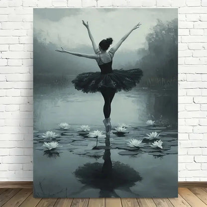 Ballerina On Water with Lotus Flowers Painting 40x60cm Metal Print Ready to Hang - Bella Home Decor