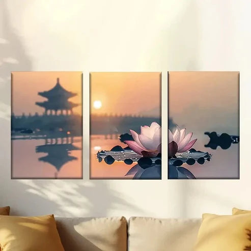 3pcs Lotus flower on table Wall Art Set Canvas Unframed - High Quality Print 100% Australian Made Wall Canvas