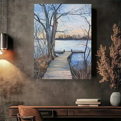 Beautiful Winter Dock Sunset Painting 40x60cm Metal Print Ready to Hang - Bella Home Decor