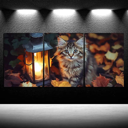 3pcs Kitten And Lantern Autumn Leaves Metal Print Ready to Hang Art - Bella Home Decor