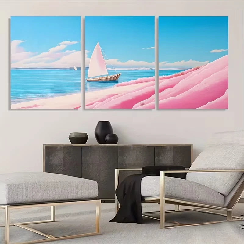 3pcs Sky Blue and Pink with Boat Abstract    Wall Art Set Canvas Framed 60x90cm - High Quality Print 100% Australian Made Wall Canvas Ready to Hang