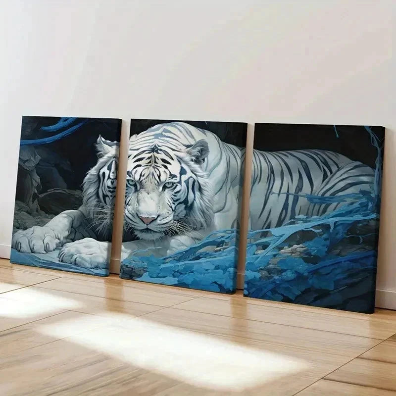 3pcs White Tiger Fantasy Animal Decor Wall Art Set Canvas Framed 50x70cm - High Quality Print 100% Australian Made Wall Canvas Ready to Hang