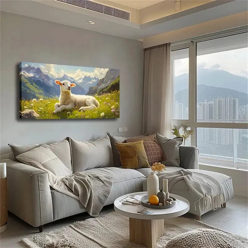 Serene Lamb Wildflower Meadow Wall Art Canvas Office Home Room Framed 120x60cm - Bella Home Decor