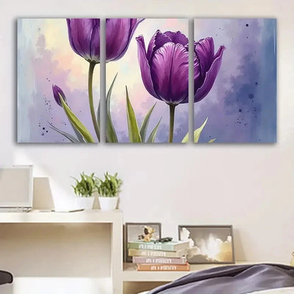 3pcs Purple Tulip Floral Wall Art Set Canvas Framed 40x60cm - High Quality Print 100% Australian Made Wall Canvas Ready to Hang