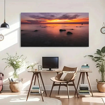 Serene Ocean Sunset Vintage Wall Art Canvas Office Home Room Framed 120x60cm